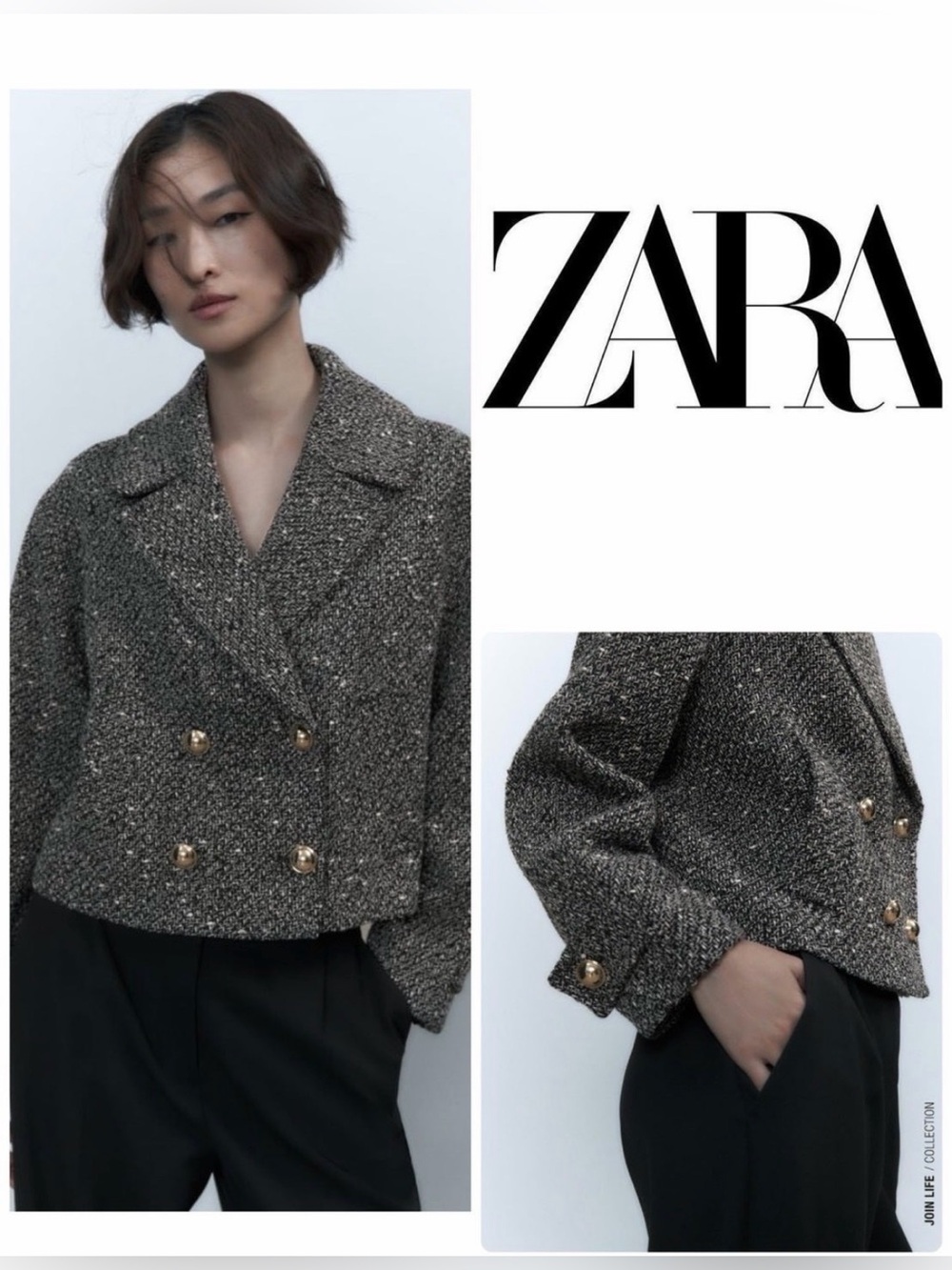Zara Cropped Double-Breasted Tweed Blazer in Charcoal with Gold Buttons